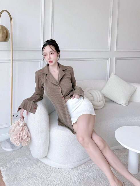 Stripes Collar Fitted Shirts With Skirts